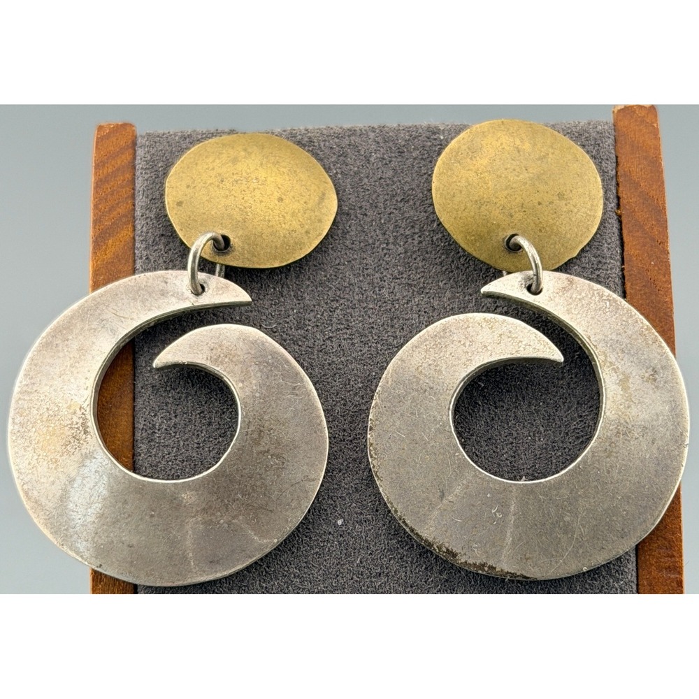 Vintage Mexico Earrings Mixed Metal Sterling Silver Brass Laton Swirl Dangle 2"